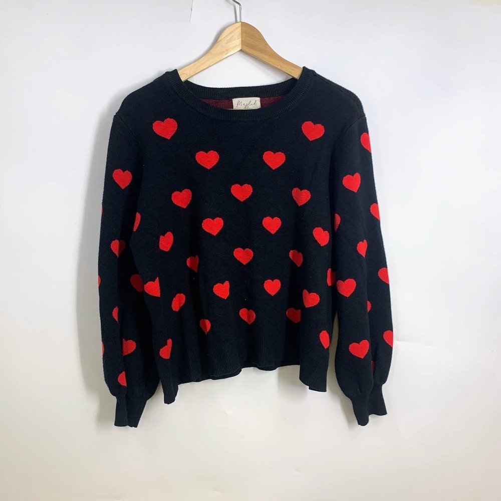 Marled Women‎ Black Red Heart Print Knit Pullover Crew Neck Sweater Size Large